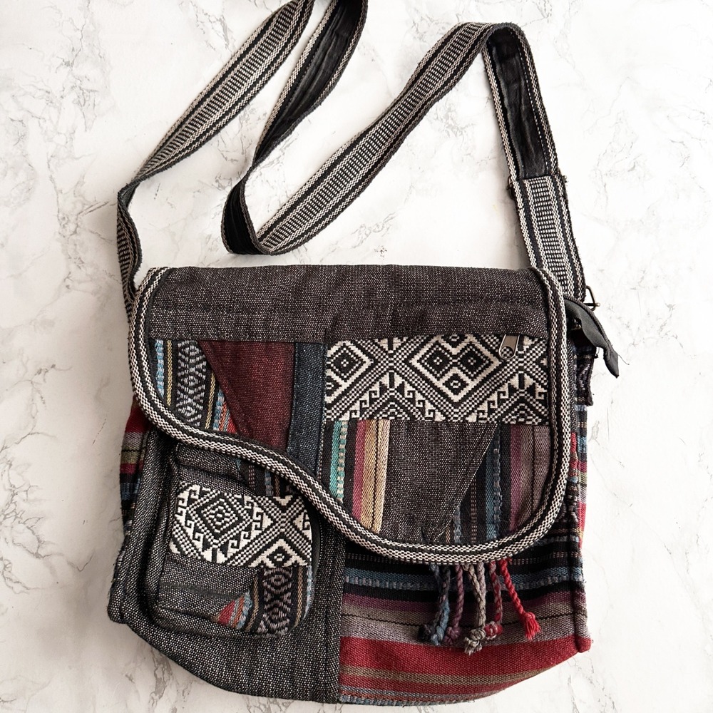 The Collection Cotton Boho Indie Patchwork Multicolor Crossbody Messenger Bag